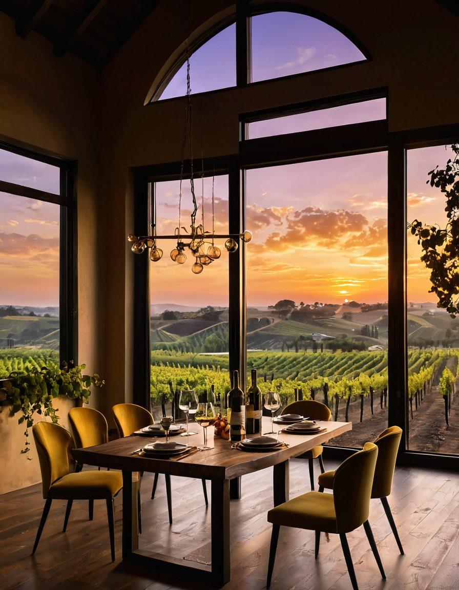 A luxurious vineyard estate with sprawling grapevines under a golden sunset, showcasing a beautifully designed upscale apartment with large windows overlooking the vineyard. Include elegant wine bottles and glasses on a rustic wooden table, with a couple enjoying wine tasting outdoors. Infuse the scene with a warm and inviting ambiance, highlighting the connection between luxury living and wine culture. super-realistic. vibrant colors. golden hour lighting.
