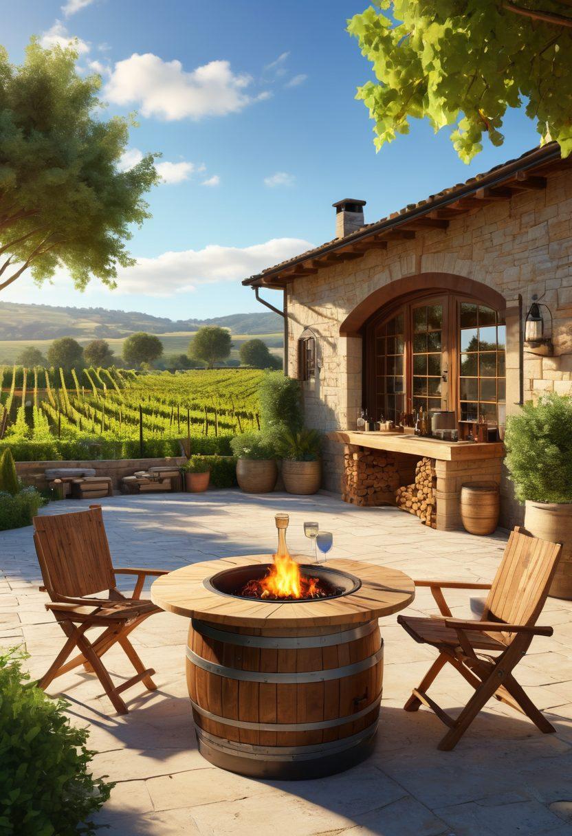 A picturesque winery surrounded by lush vineyards under a bright blue sky, featuring elegant rented spaces with rustic wooden furniture, corks and wine glasses artfully arranged on tables. In the background, a cozy fire pit invites relaxation while guests savor wine tastings. Soft golden light bathes the scene, enhancing the inviting atmosphere. super-realistic. vibrant colors. 3D.